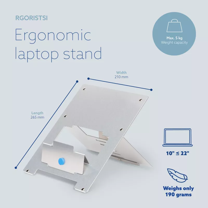 R-Go Tools Laptop stovas R-Go Riser Flexible, reguliuojamas sulankstomas nešiojamojo kompiuterio stovas, ergonomiškas, Hylite aliuminis, sidabrinis