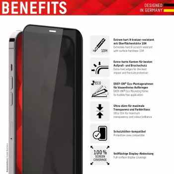 Displex Privacy Full Cover Screen Protector (10H), skirtas Apple iPhone 12 Pro Max, Eco montavimo rėmelis, privatumo filtras, grūdintas stiklas, atsparus įbrėžimams apsauginis sluoksnis, draugiškas dėklui