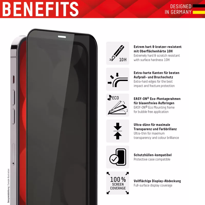 Displex Privacy Full Cover Screen Protector (10H), skirtas Apple iPhone 12 Pro Max, Eco montavimo rėmelis, privatumo filtras, grūdintas stiklas, atsparus įbrėžimams apsauginis sluoksnis, draugiškas dėklui