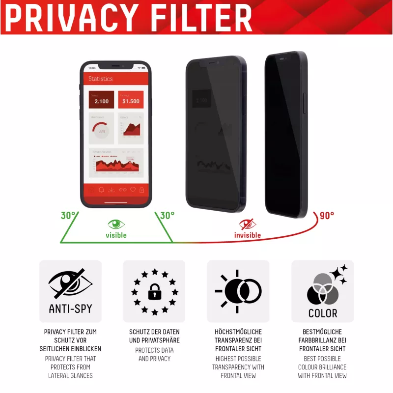 Displex Privacy Full Cover Screen Protector (10H), skirtas Apple iPhone 12 Pro Max, Eco montavimo rėmelis, privatumo filtras, grūdintas stiklas, atsparus įbrėžimams apsauginis sluoksnis, draugiškas dėklui