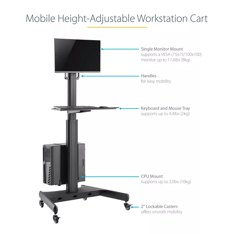 StarTech.com mobilioji darbo stotis su monitoriaus laikikliu, CPU/PC laikikliu, klaviatūros dėklu - ergonomiška, reguliuojamo aukščio stalinė kompiuterių vežimėlis - ratinė mobili stovima darbo stotis
