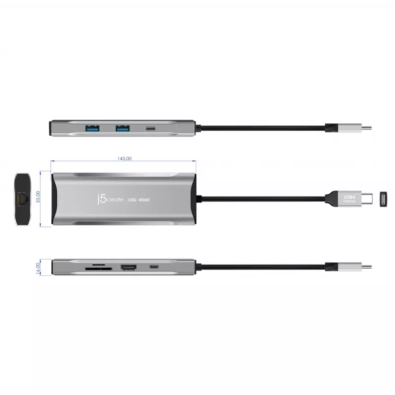 j5create JCD393 4K60 Elite USB-C® 10 Gbps Mini dokas, Space Pilka