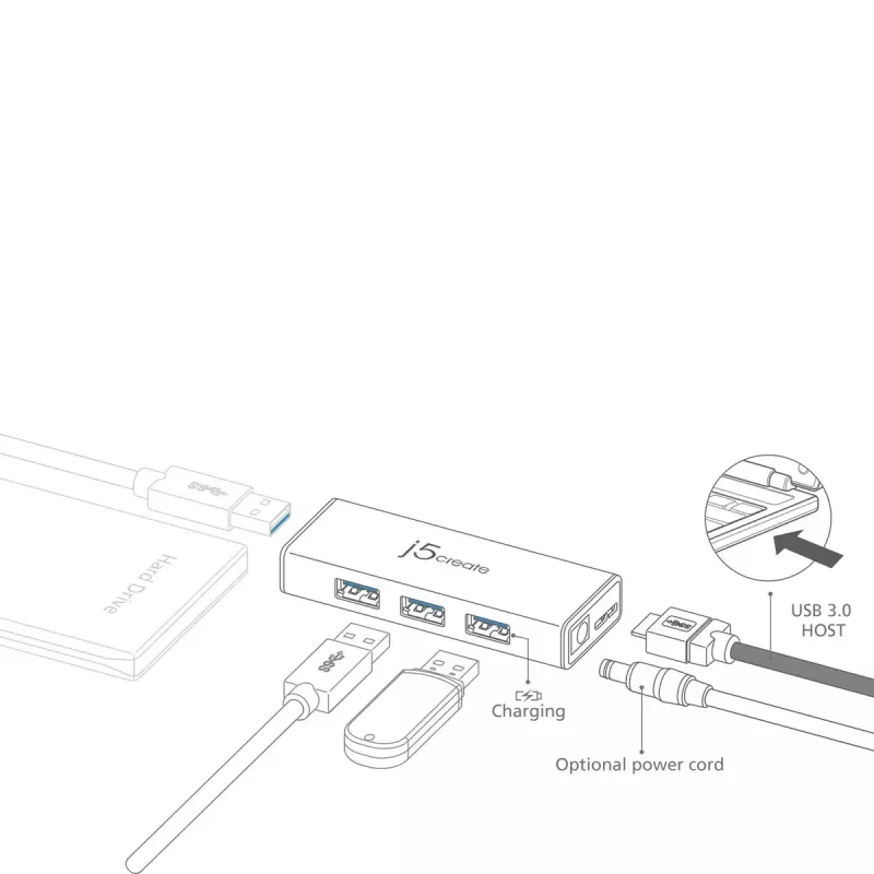 USB Hub j5create JUH340 4 prievadų USB 3.0 juodas aliuminis
