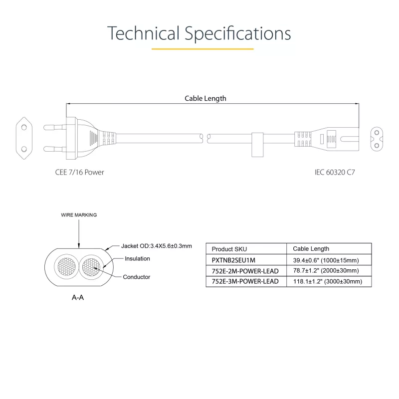 „StarTech.com“ 3 m maitinimo laidas nešiojamajam kompiuteriui, EU kištukas į C7, 2,5 A 250 V, 18AWG, pakaitinis laidas nešiojamajam kompiuteriui, spausdintuvo maitinimo kabelis, nešiojamojo kompiuterio įkroviklio laidas, maitinimo bloko laidas, juodas