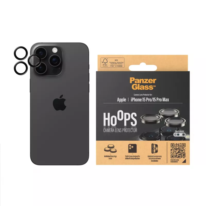PanzerGlass ® Hoops® Metalinis kameros objektyvo apsauginis stiklas juodas iPhone 15 Pro | 15 Pro Max