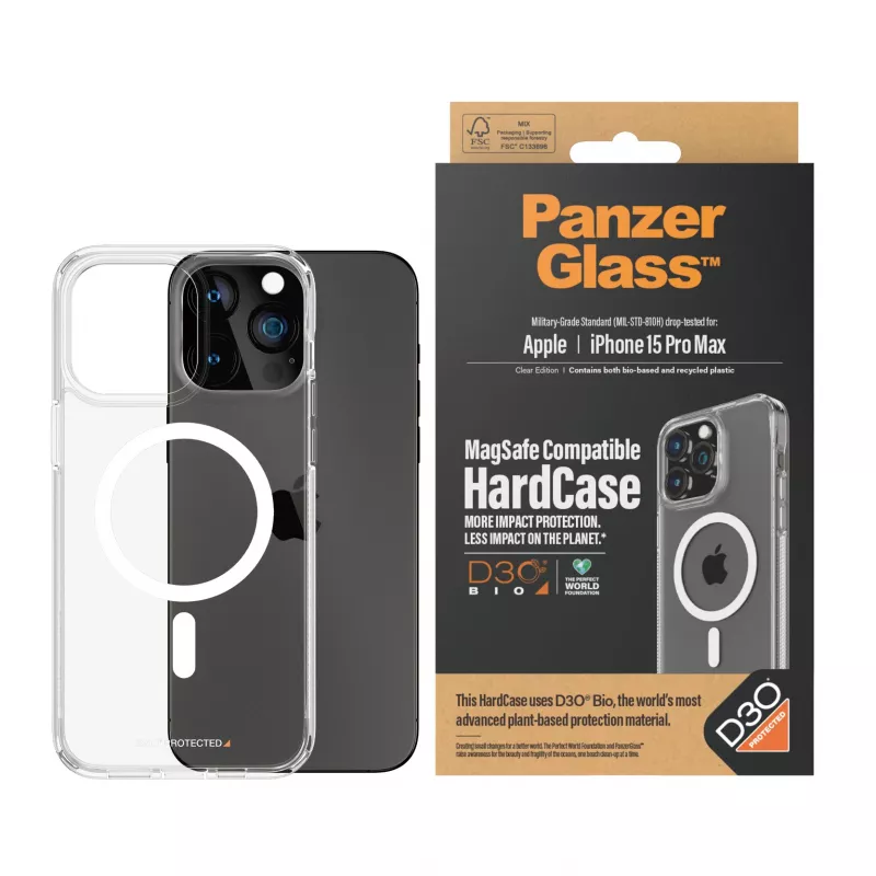 PanzerGlass ® HardCase permatomas su baltu MagSafe ir D3O® skirtas iPhone 15 Pro Max