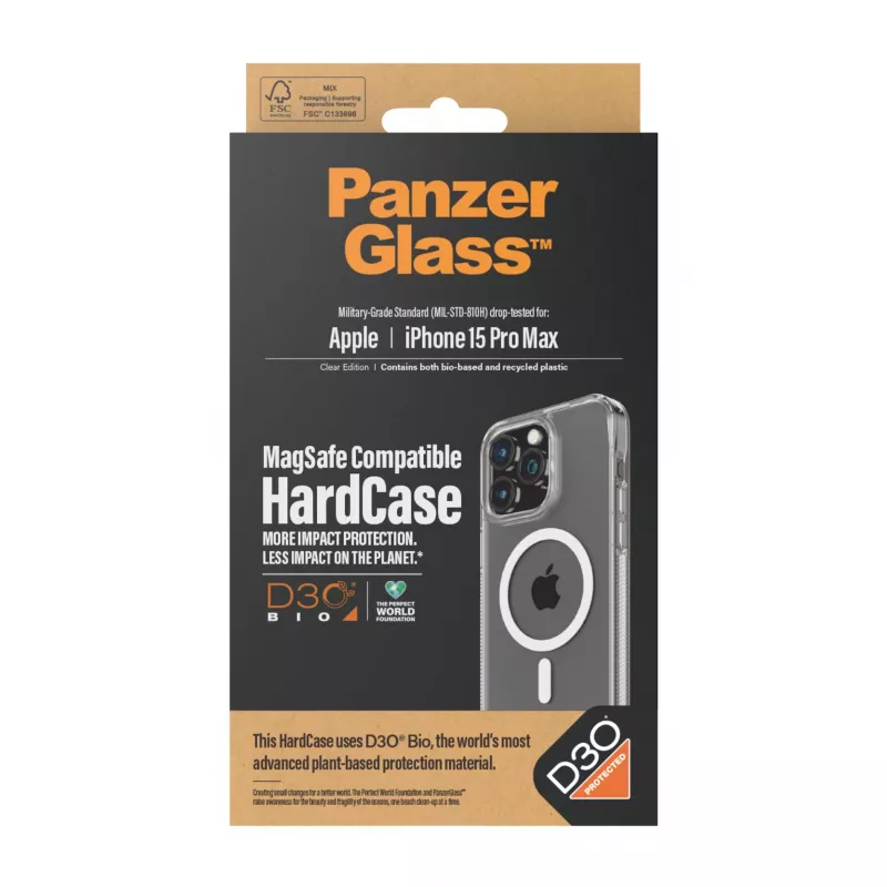 PanzerGlass ® HardCase permatomas su baltu MagSafe ir D3O® skirtas iPhone 15 Pro Max