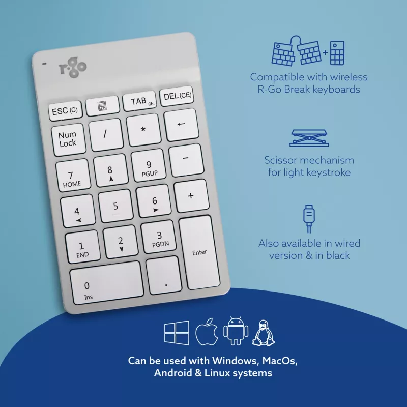 R-Go Tools skaitmenų klaviatūra R-Go Numpad Break, ergonomiška skaitmenų klaviatūra su pertraukų programine įranga, bluetooth, balta