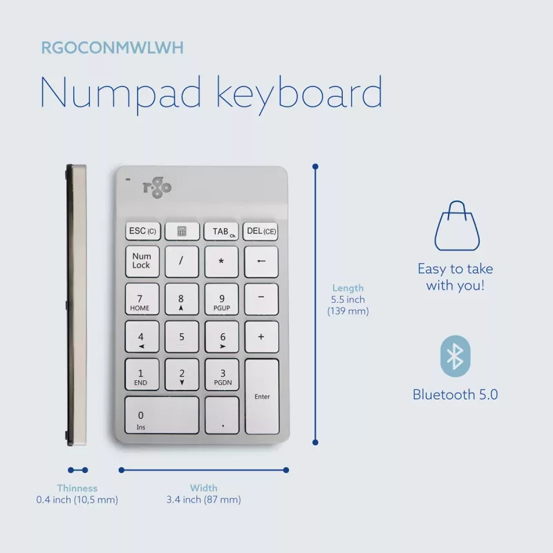 R-Go Tools skaitmenų klaviatūra R-Go Numpad Break, ergonomiška skaitmenų klaviatūra su pertraukų programine įranga, bluetooth, balta