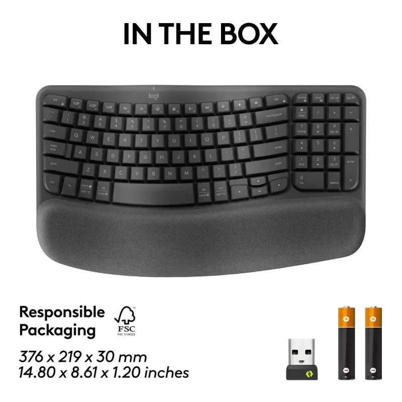 Logitech Wave Keys for Business ergonominė klaviatūra, pilno dydžio, belaidė
