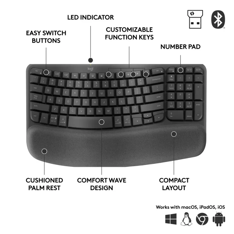 Logitech Wave Keys for Business ergonominė klaviatūra, pilno dydžio, belaidė