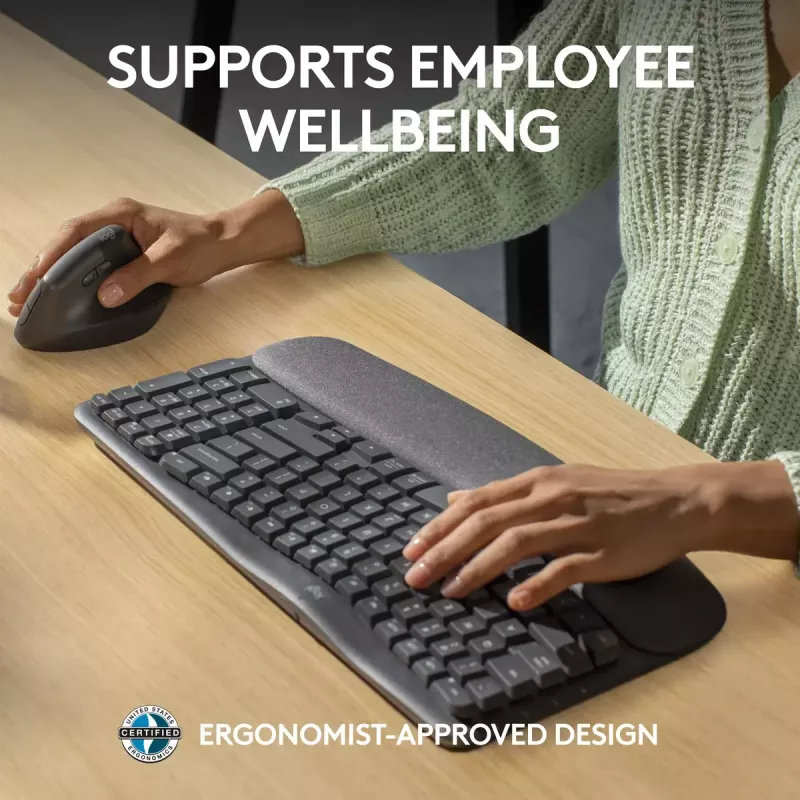 Logitech Wave Keys for Business ergonominė klaviatūra, pilno dydžio, belaidė
