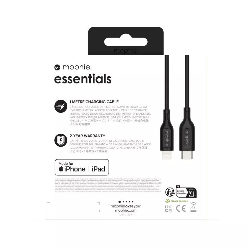 Įkrovimo kabelis Mophie essentials Lightning į USB-C 1 m, Lightning–USB‑C, 60W, USB 2.0, Juodas