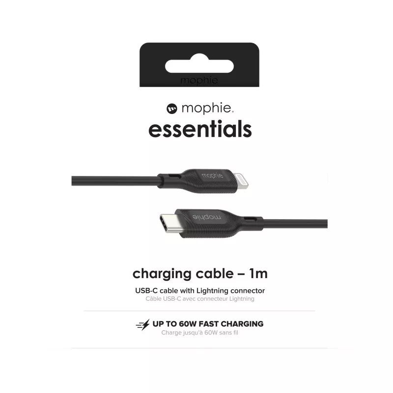 Įkrovimo kabelis Mophie essentials Lightning į USB-C 1 m, Lightning–USB‑C, 60W, USB 2.0, Juodas