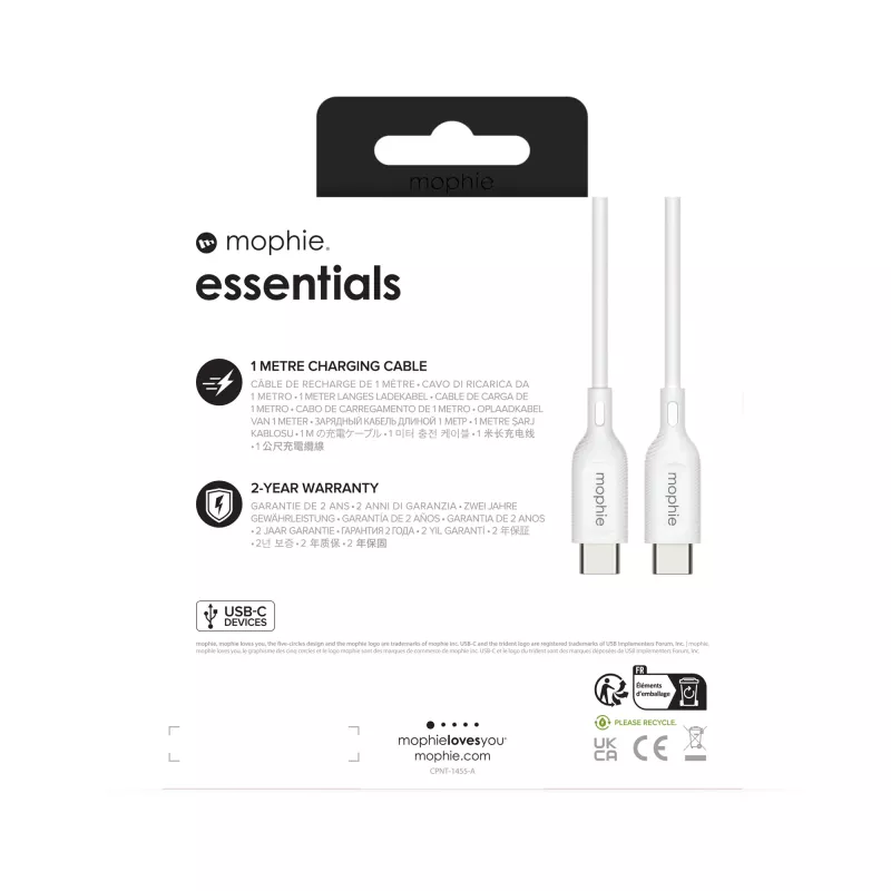 mophie essentials įkrovimo kabeliai | 1 m USB kabelis USB 2.0 USB C Baltas