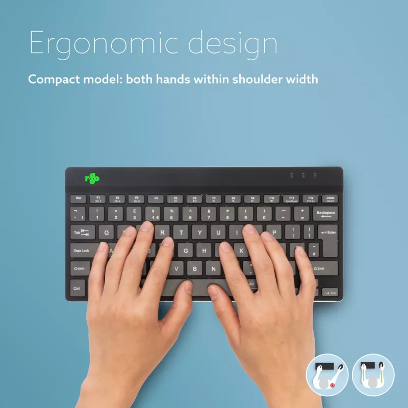 Ergonominė klaviatūra R-Go Tools R-Go Compact Break, kompaktiška klaviatūra su pertraukų programine įranga, QWERTZ (DE), Bluetooth, juoda