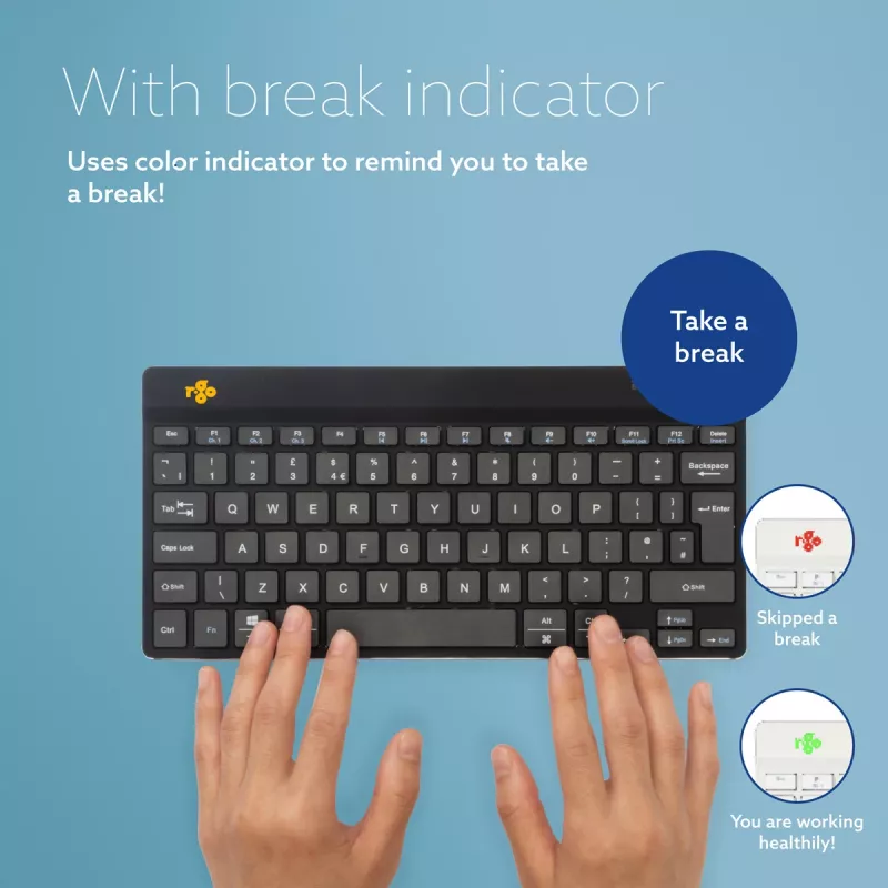 Ergonominė klaviatūra R-Go Tools R-Go Compact Break, kompaktiška klaviatūra su pertraukų programine įranga, QWERTZ (DE), Bluetooth, juoda