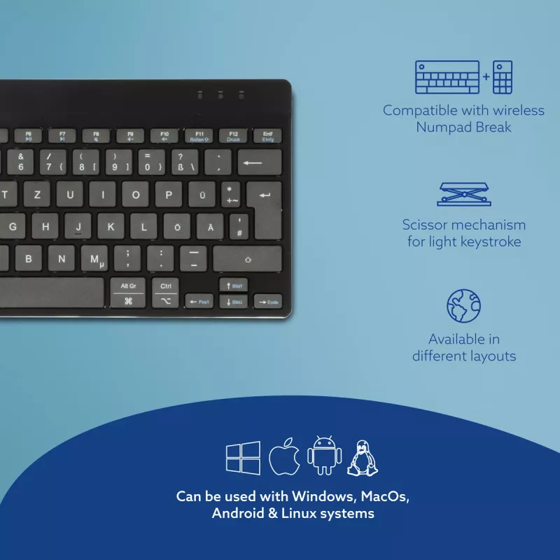 Ergonominė klaviatūra R-Go Tools R-Go Compact Break, kompaktiška klaviatūra su pertraukų programine įranga, QWERTZ (DE), Bluetooth, juoda