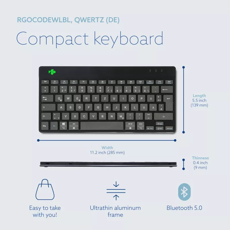Ergonominė klaviatūra R-Go Tools R-Go Compact Break, kompaktiška klaviatūra su pertraukų programine įranga, QWERTZ (DE), Bluetooth, juoda