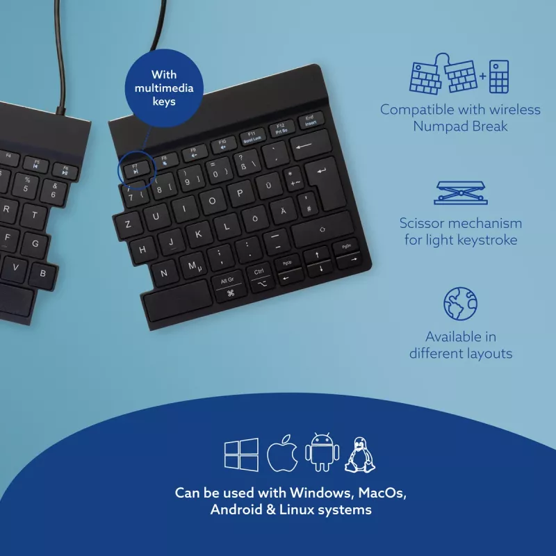 R-Go Tools ergonominė klaviatūra R-Go Split Break su pertraukų programine įranga, ergonominė padalinta klaviatūra, QWERTZ (DE), Bluetooth, juoda
