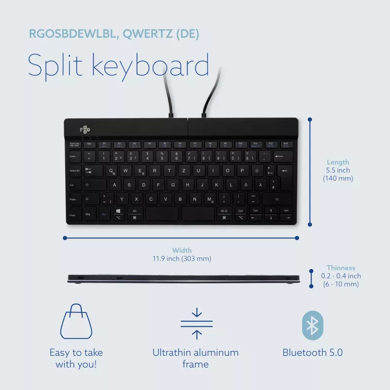 R-Go Tools ergonominė klaviatūra R-Go Split Break su pertraukų programine įranga, ergonominė padalinta klaviatūra, QWERTZ (DE), Bluetooth, juoda