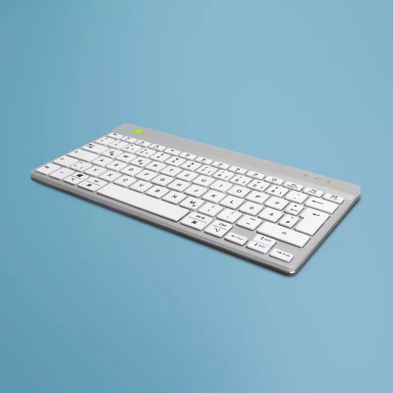 Ergonominė klaviatūra R-Go Tools R-Go Compact Break, kompaktiška klaviatūra su pertraukų programine įranga, QWERTZ (DE), Bluetooth, balta