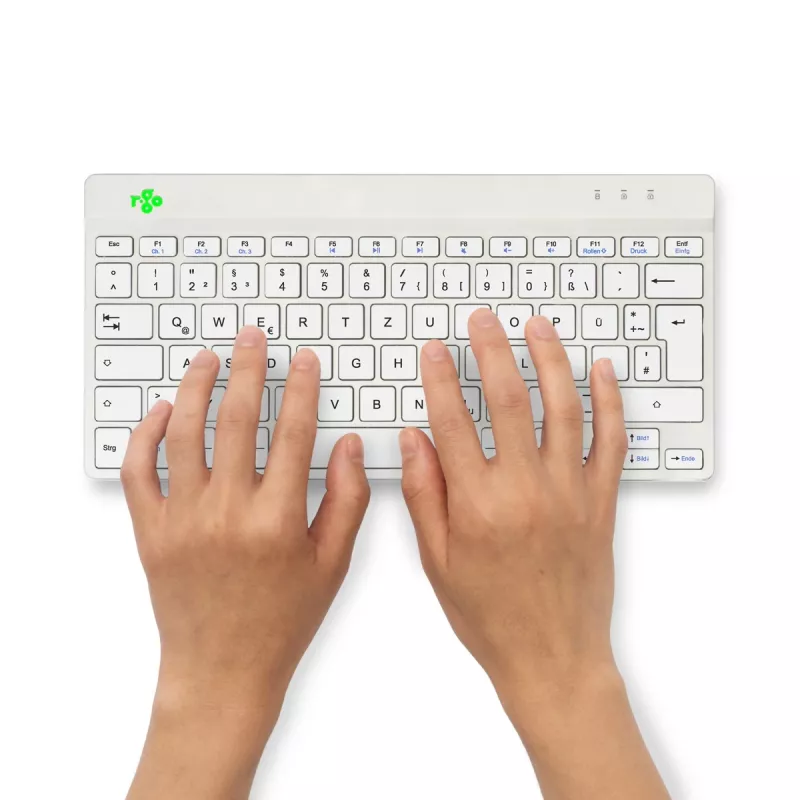 Ergonominė klaviatūra R-Go Tools R-Go Compact Break, kompaktiška klaviatūra su pertraukų programine įranga, QWERTZ (DE), Bluetooth, balta