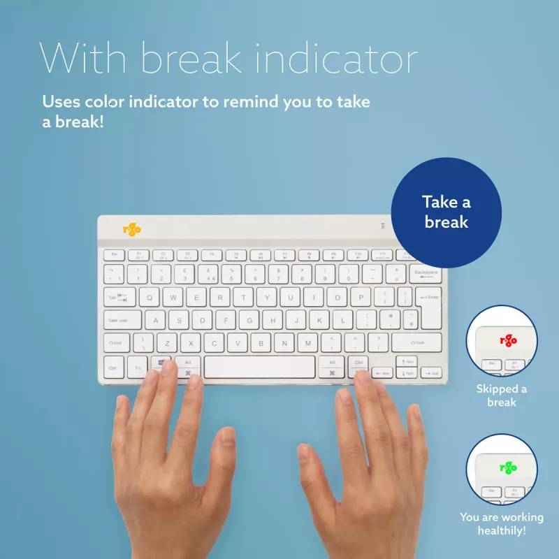 Ergonominė klaviatūra R-Go Tools R-Go Compact Break, kompaktiška klaviatūra su pertraukų programine įranga, QWERTZ (DE), Bluetooth, balta