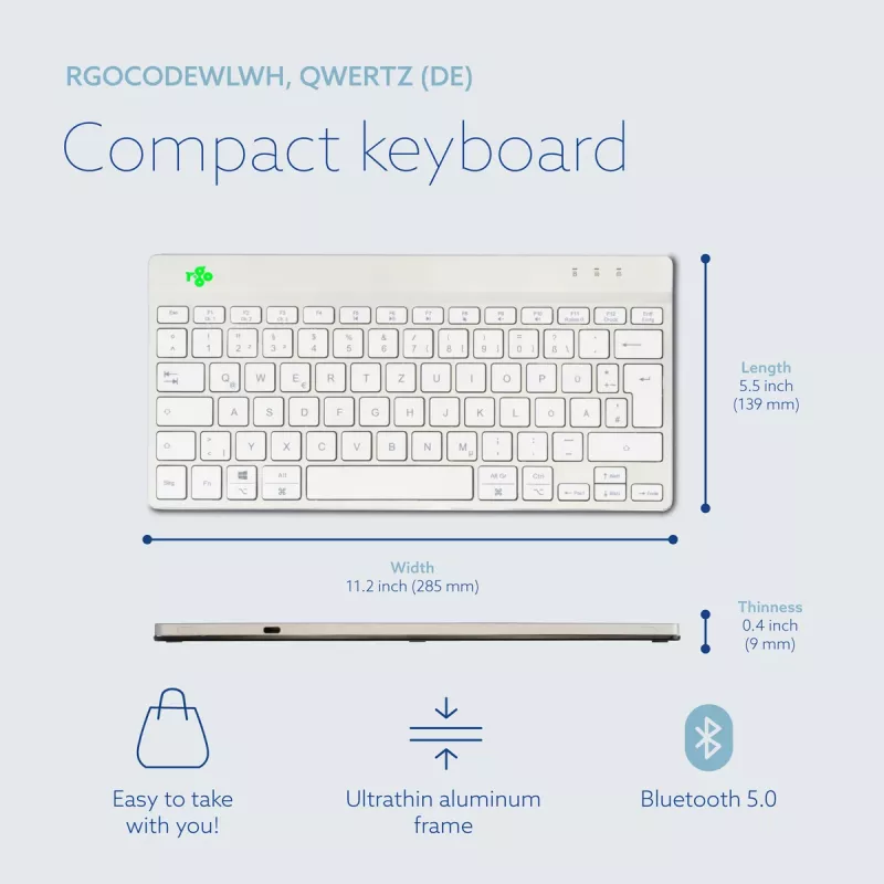 Ergonominė klaviatūra R-Go Tools R-Go Compact Break, kompaktiška klaviatūra su pertraukų programine įranga, QWERTZ (DE), Bluetooth, balta