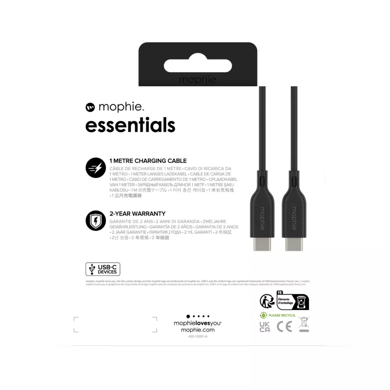 Įkrovimo laidas USB-C į USB-C 1 m — Zagg International mophie essentials, USB 2.0, juodas