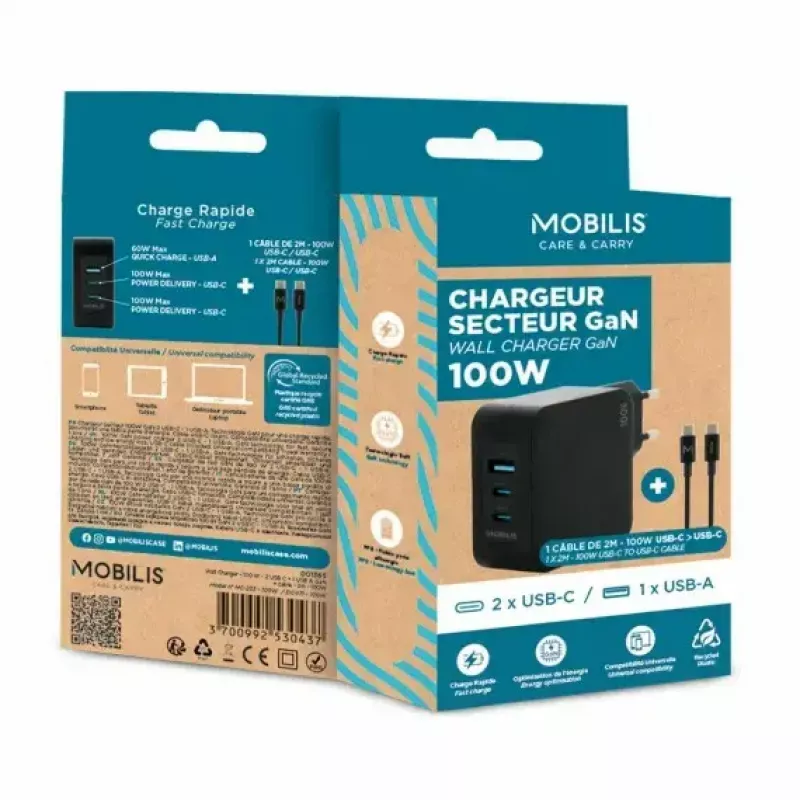 Ravanson Mobilis Charger 100W GaN 2×USB‑C + 1×USB‑A AC indoor — nešiojamam kompiuteriui, išmaniajam telefonui, planšetiniam kompiuteriui — juoda