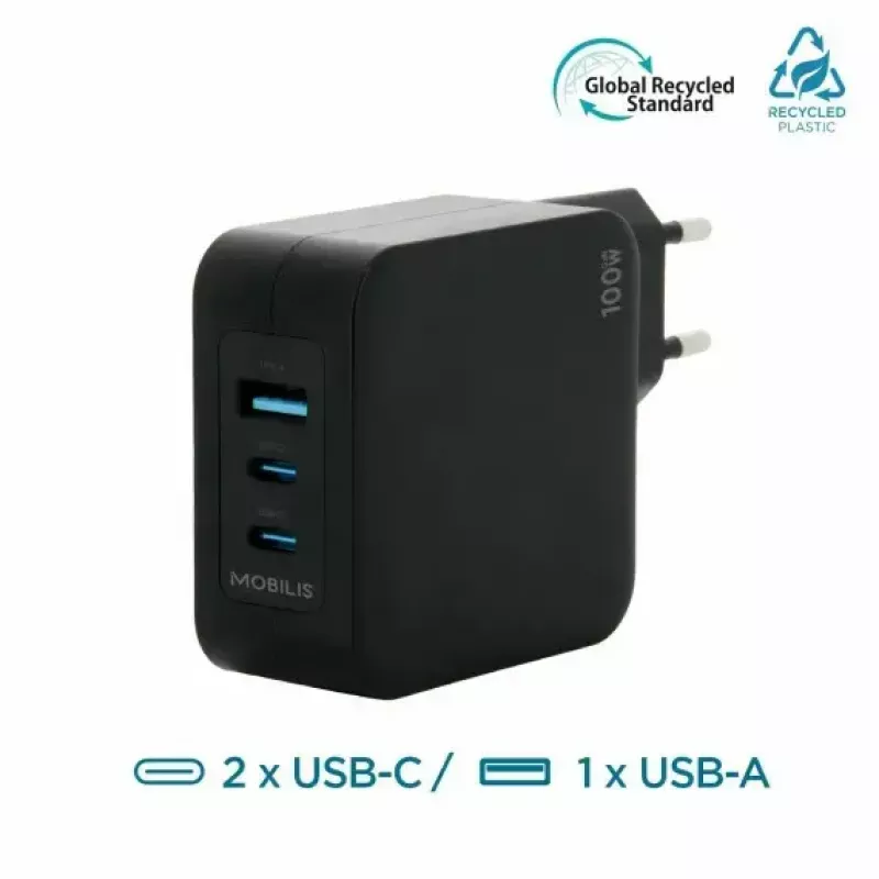 Ravanson Mobilis Charger 100W GaN 2×USB‑C + 1×USB‑A AC indoor — nešiojamam kompiuteriui, išmaniajam telefonui, planšetiniam kompiuteriui — juoda