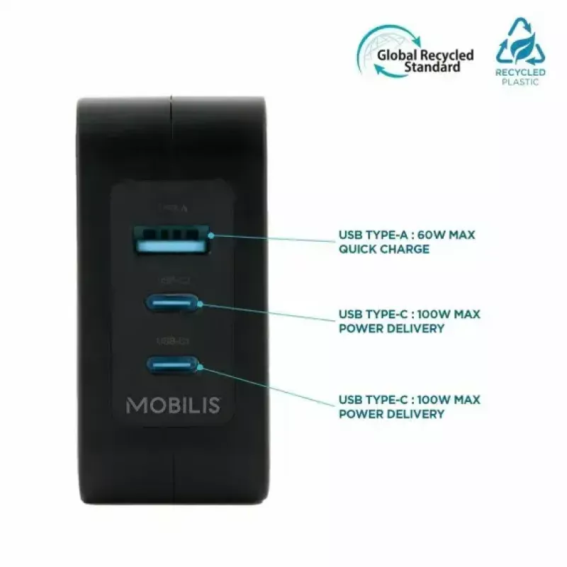 Ravanson Mobilis Charger 100W GaN 2×USB‑C + 1×USB‑A AC indoor — nešiojamam kompiuteriui, išmaniajam telefonui, planšetiniam kompiuteriui — juoda