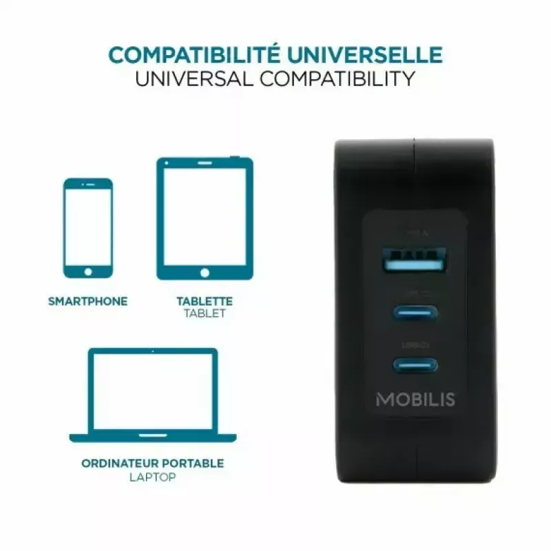 Ravanson Mobilis Charger 100W GaN 2×USB‑C + 1×USB‑A AC indoor — nešiojamam kompiuteriui, išmaniajam telefonui, planšetiniam kompiuteriui — juoda