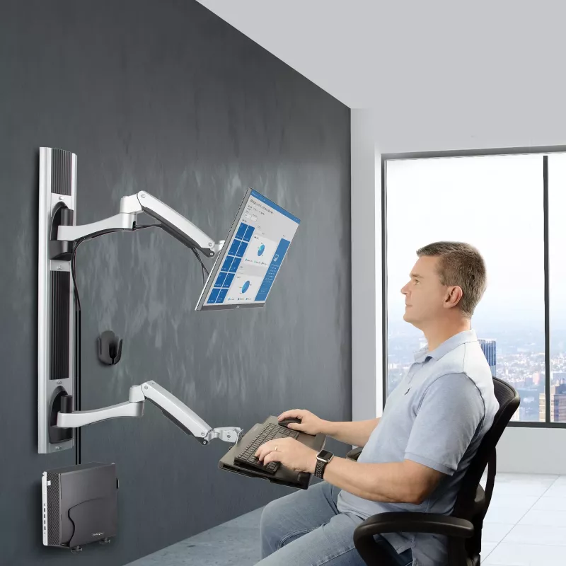 StarTech.com Wall Mount Workstation, VESA Mount For 32 inch Monitors (22lb/10kg), Fully Articulating Single Monitor Mount & klaviatūra Tray w/Desktop Computer/PC Bracket, Standing Desk