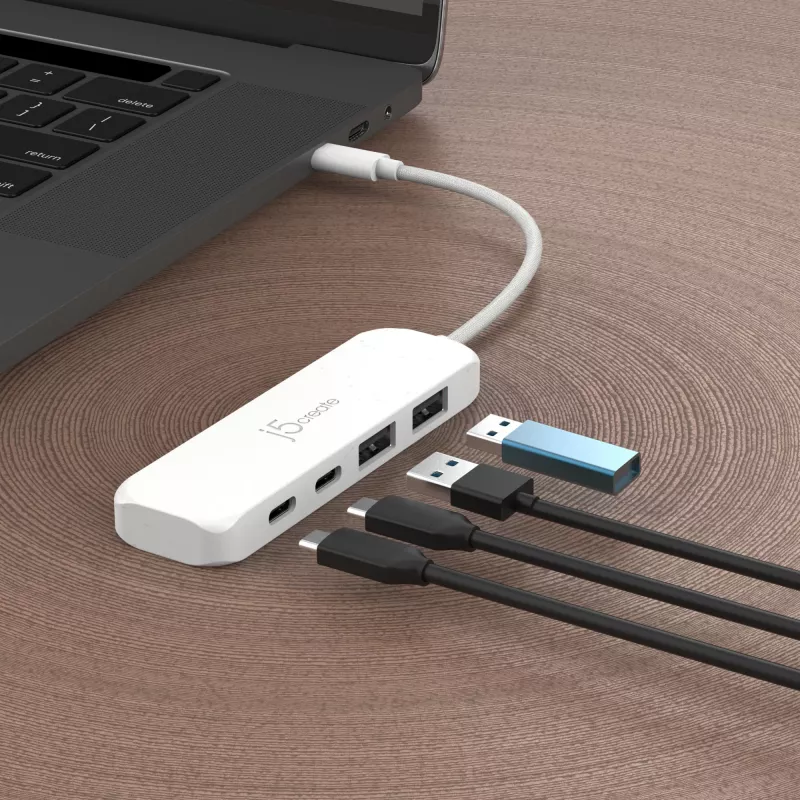 j5create ekologiškas USB-C į 4 prievadų Type-C ir Type-A Gen 2 šakotuvas