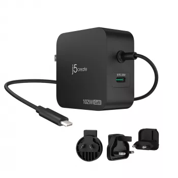 j5create 102W GaN PD USB-C 2 prievadų įkroviklis su keičiamais AC kištukais