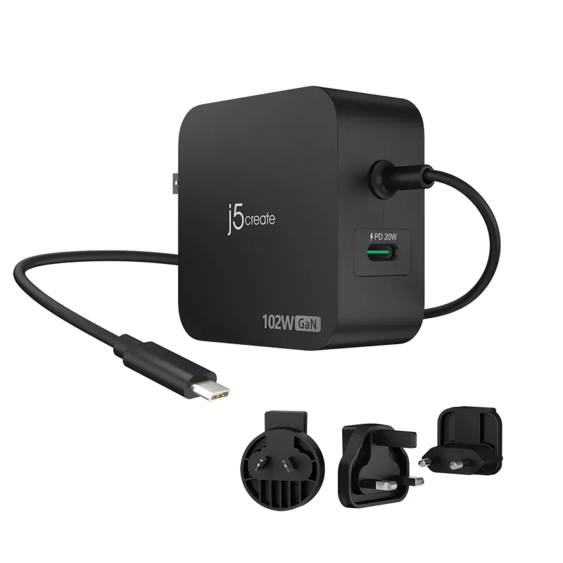 j5create 102W GaN PD USB-C 2 prievadų įkroviklis su keičiamais AC kištukais