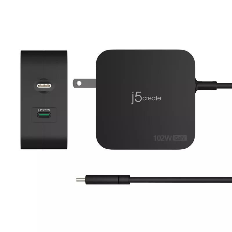 j5create 102W GaN PD USB-C 2 prievadų įkroviklis su keičiamais AC kištukais