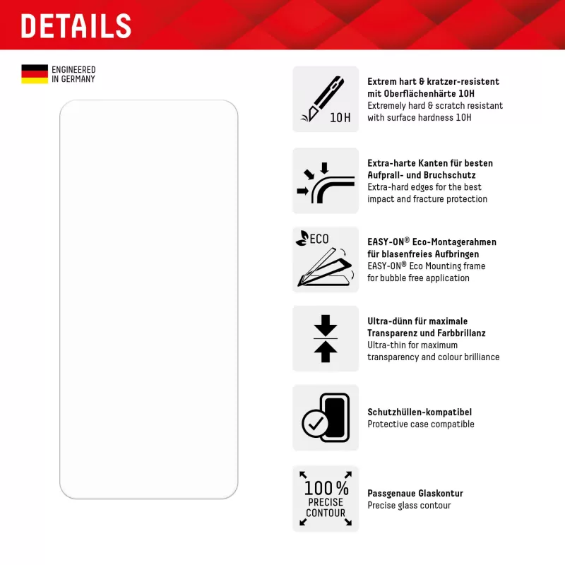Displex ekrano apsauginis stiklas (10H), skirtas „Xiaomi Redmi Note 12 Pro(+) 5G“, su EASY-ON® Eco montavimo rėmeliu, atsparus įbrėžimams