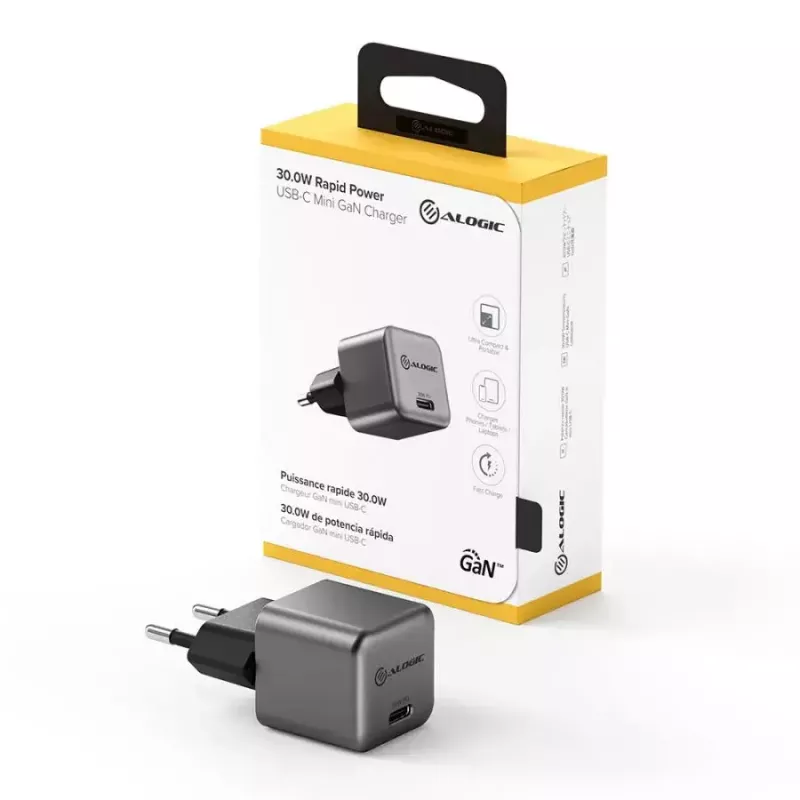 ALOGIC 1X30 30W Rapid Power USB-C MINI GaN įkroviklis, patalpų kintamoji srovė, mobilusis telefonas, nešiojamasis kompiuteris, išmanusis telefonas, planšetinis kompiuteris