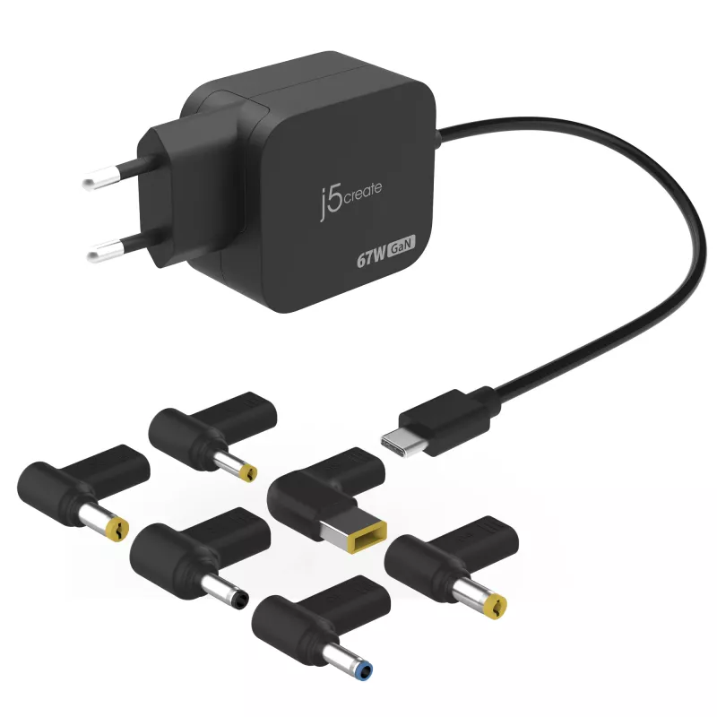 j5create JUP1565DC 67W GaN PD USB-C® mini įkroviklis su 6 tipų nuolatinės srovės jungtimis-EU, juodas