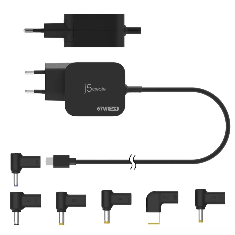 j5create JUP1565DC 67W GaN PD USB-C® mini įkroviklis su 6 tipų nuolatinės srovės jungtimis-EU, juodas