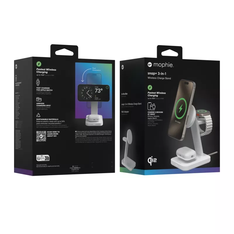 mophie Snap+ 3-in-1 Wireless Charge Stand Ausinės, Išmanusis telefonas, Išmanusis laikrodis Balta USB Belaidis įkrovimas Greitasis įkrovimas Vidaus