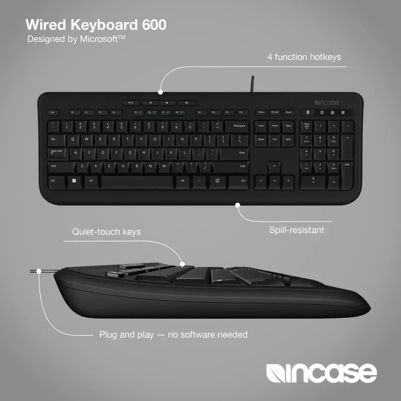Laidinė pilno dydžio klaviatūra Incase Designed by Microsoft Wired 600 — USB, QWERTY, UK English, juoda