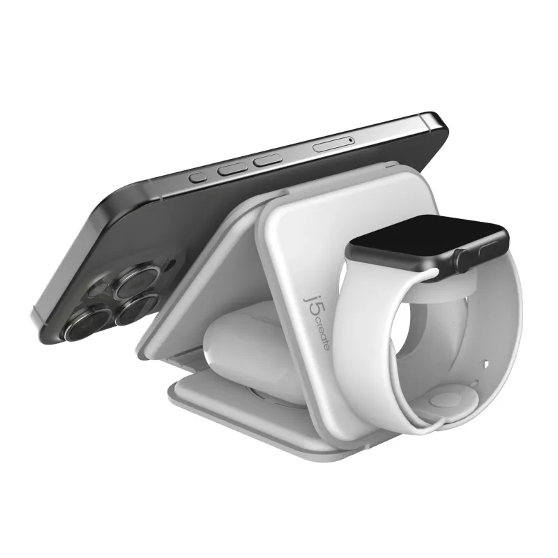 j5create Qi2 3-in-1 Magnetinė Kelioninė Belaidė Įkrovimo Stotelė USB Greitas Įkrovimas Balta