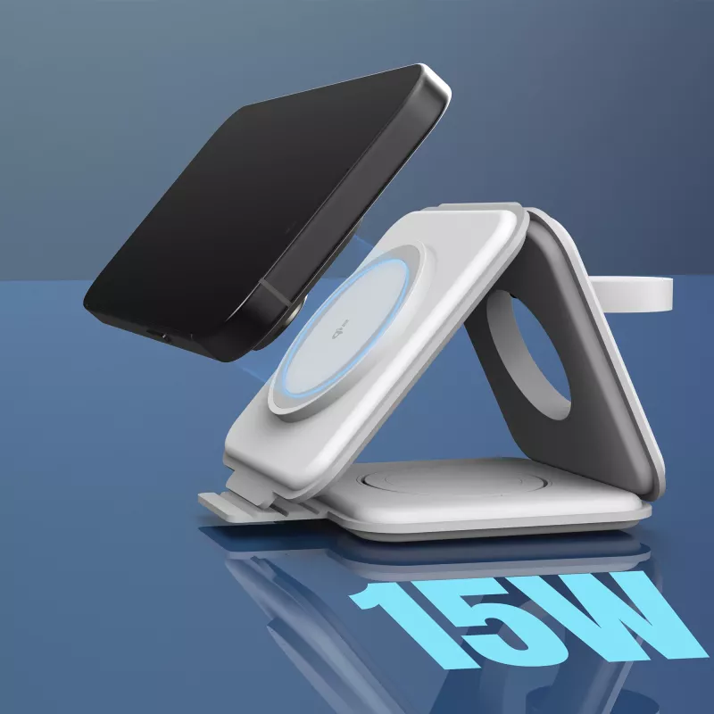 j5create Qi2 3-in-1 Magnetinė Kelioninė Belaidė Įkrovimo Stotelė USB Greitas Įkrovimas Balta