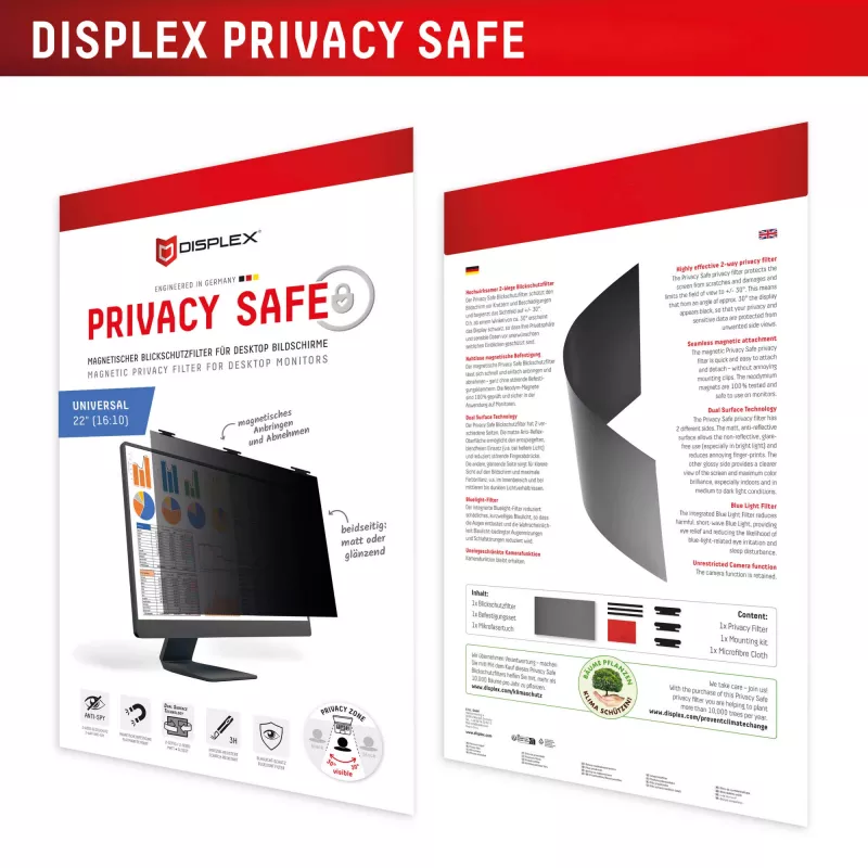 Displex PRIVACY SAFE nuimamas dviejų krypčių privatumo filtras staliniam monitoriui 22'' (16:10)