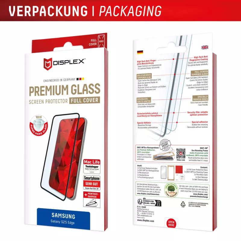 Displex Premium ekrano apsauga (visas dengimas, 10H), skirta Samsung Galaxy S25 Edge, Eco montavimo rėmelis, visas dengimas