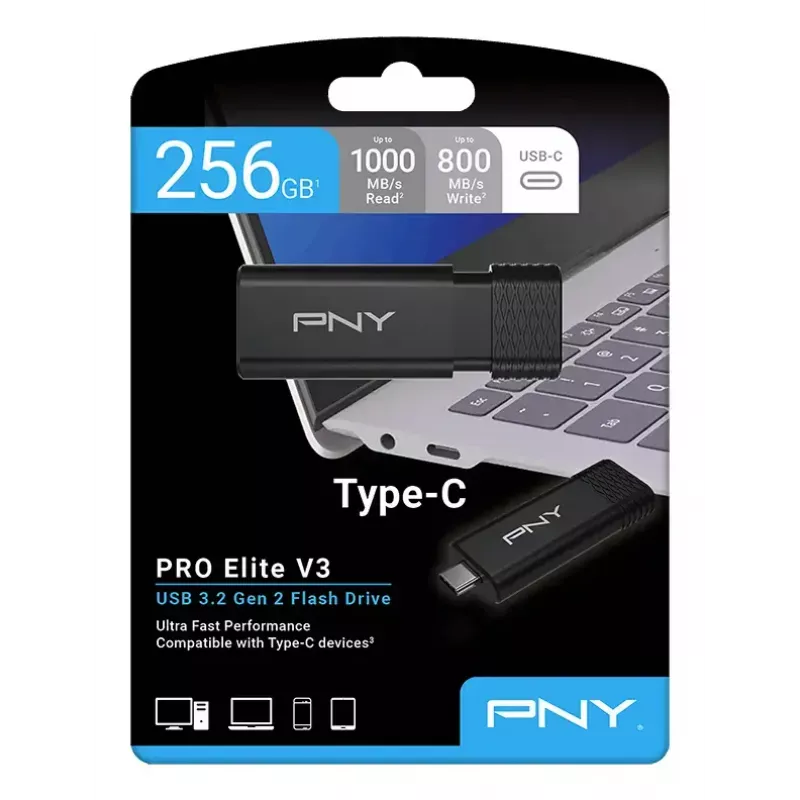 USB atmintinė PNY PRO Elite V3 256 GB USB Type-C 3.2 Gen 1 (3.1 Gen 1) Juoda — slankioji forma